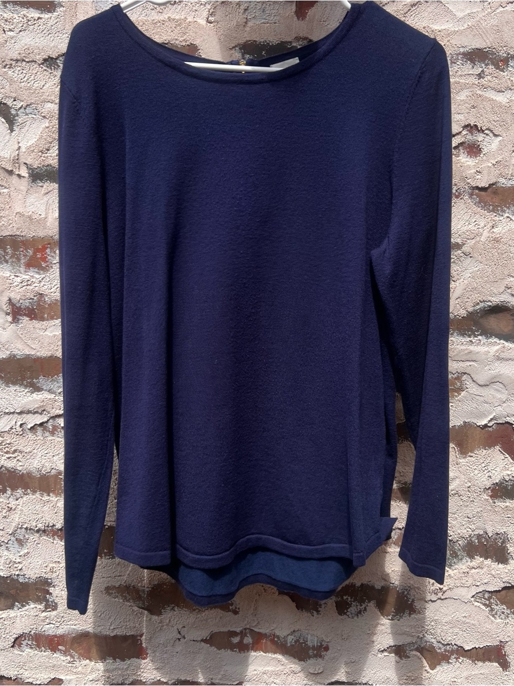 CHICOS Navy Long Sleeve Crew Neck sweater with gold zipper in back